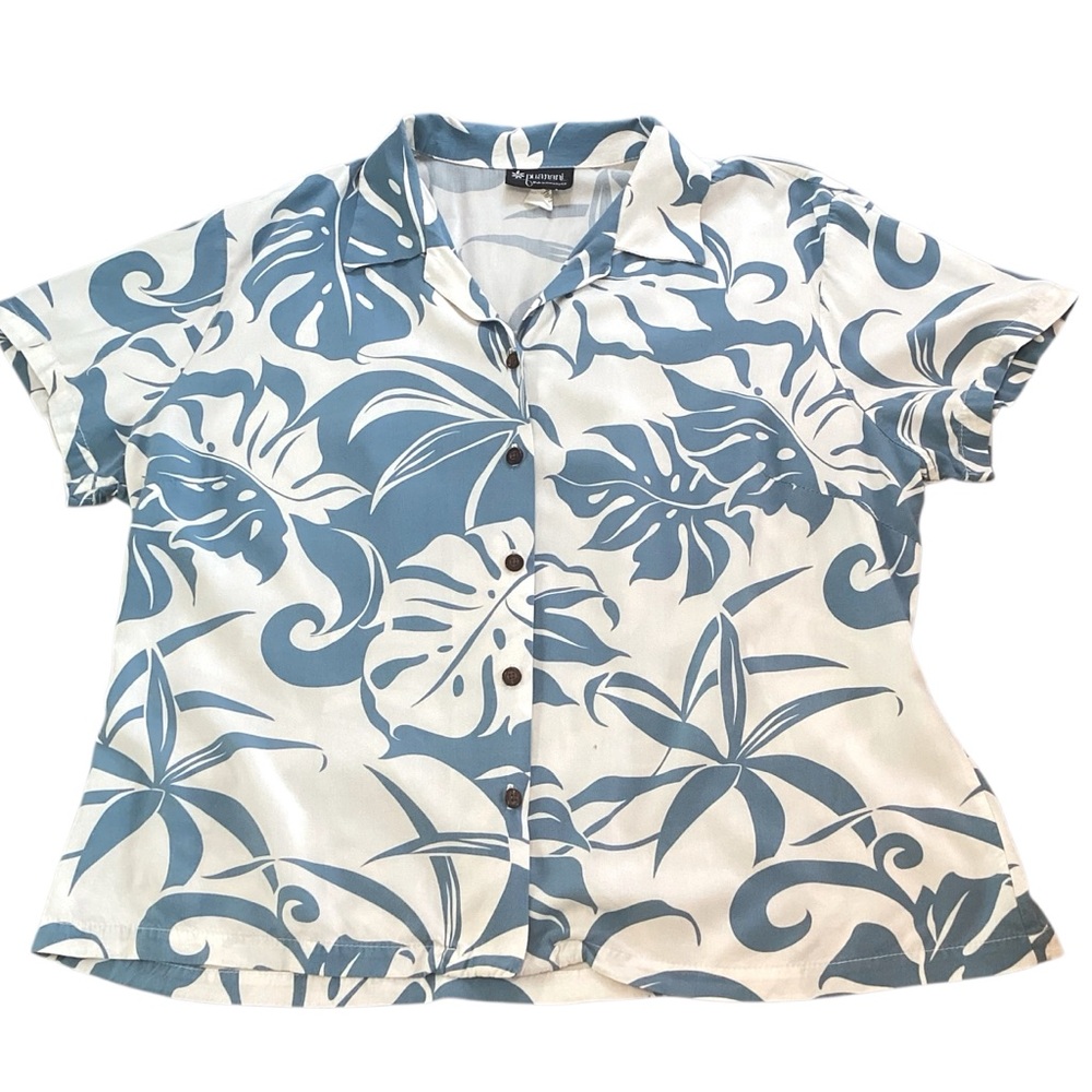 Puanani by RJC Made in Hawaii Women’s Aloha Shirt XL Light Blue/White Leaf Print